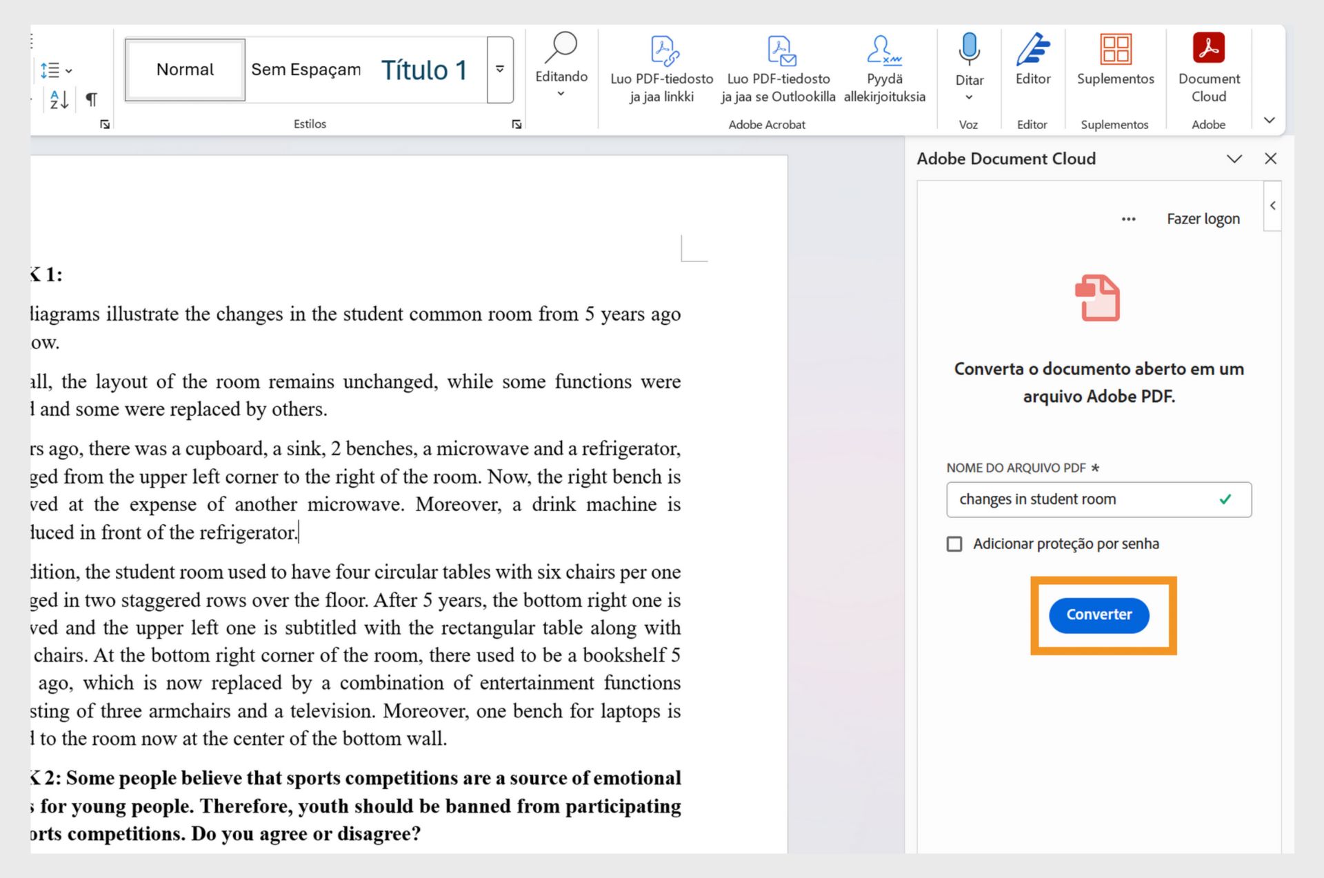 O documento do Word em um navegador da web mostra o painel “Document Cloud” com a ferramenta “Converter” realçada.