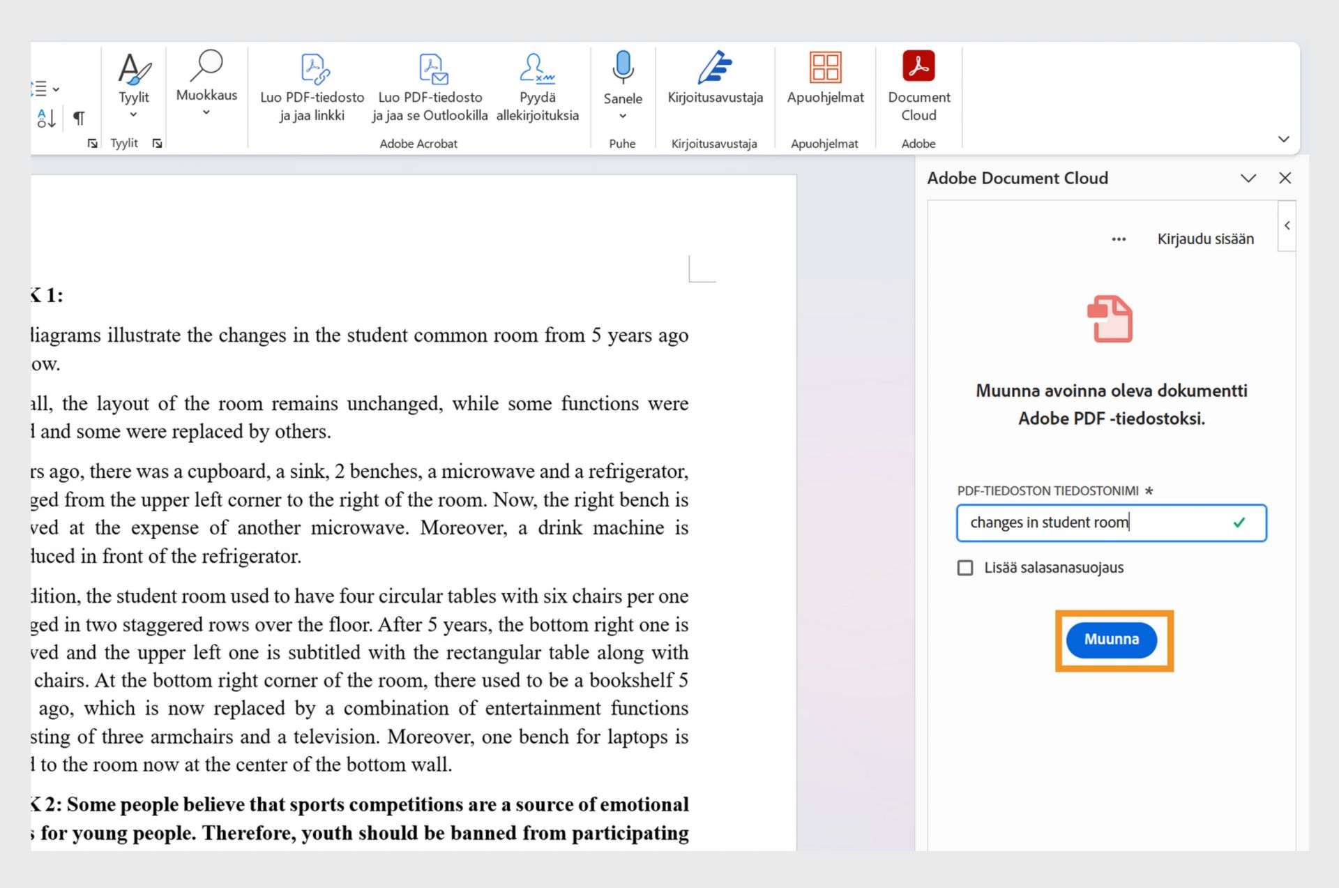 Verkkoselaimessa näkyy Word-asiakirja ja Document Cloud -paneeli, jossa Muunna-työkalu on korostettuna.