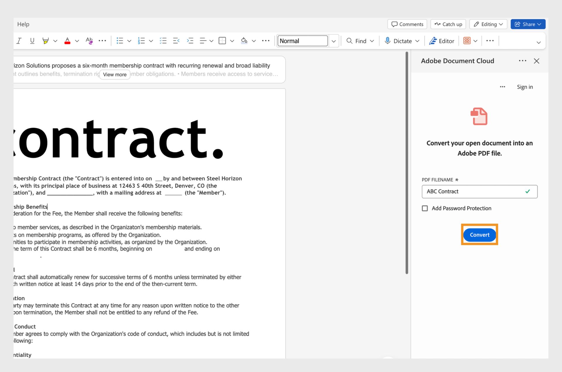 Word document in a web browser shows Document Cloud panel, where Convert tool is highlighted.