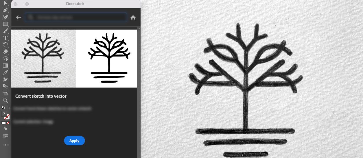 Haga clic en Aplicar para convertir el boceto en un vector en el panel Descubrir > Acciones rápidas.