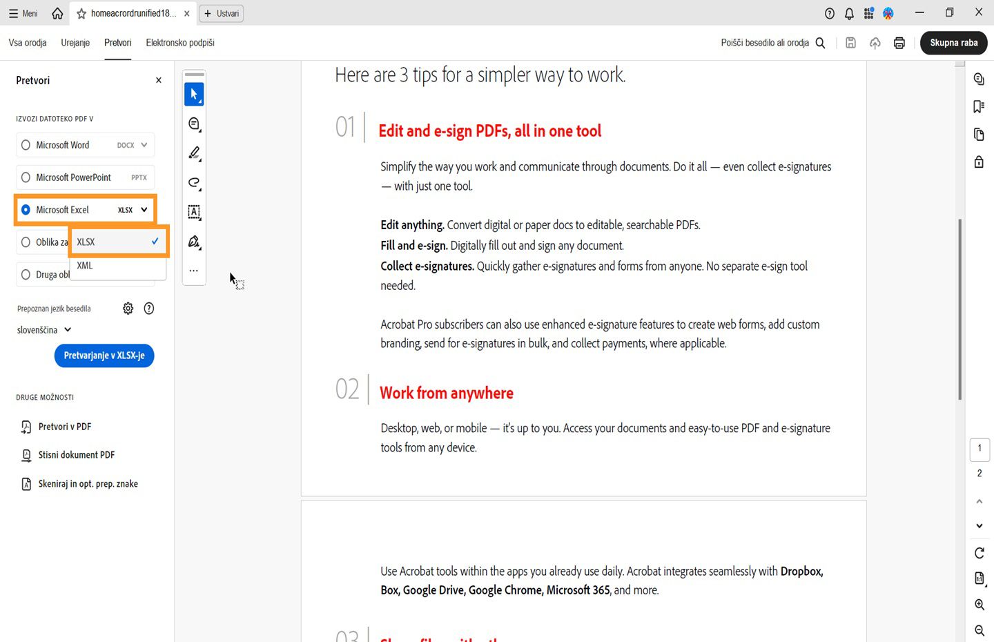 Odpre se dokument PDF in na levi strani se odpre podokno za pretvarjanje. Označena je možnost za pretvarjanje PDF-ja v Microsoft Excel (XLSX). 