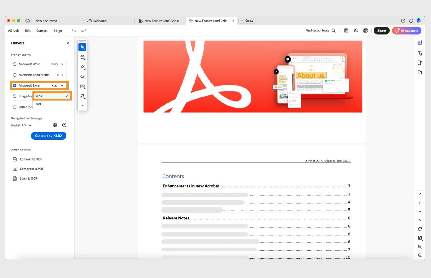 يفتح ملف PDF وتظهر لوحة التحويل على اليسار. ويتم تمييز خيار تحويل ملف PDF إلى تنسيق Microsoft Excel ‏(XLSX). 