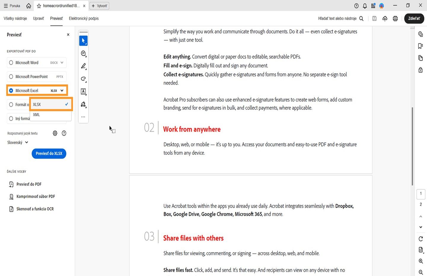 Otvorí sa súbor PDF a vľavo sa otvorí panel prevodu. Zvýrazní sa možnosť prevodu súboru PDF do formátu Microsoft Excel (XLSX). 