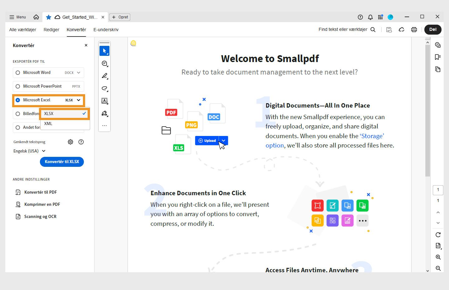 En PDF åbnes, og panelet Konvertér er åbent til venstre. Muligheden for at konvertere PDF til Microsoft Excel (XLSX) er fremhævet. 
