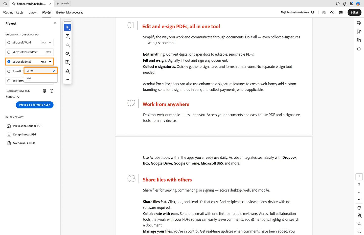 Otevře se soubor PDF a vlevo se otevře panel Převod. Možnost převést PDF do formátu Microsoft Excel (XLSX) je zvýrazněna. 