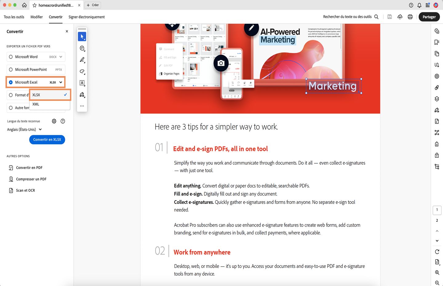 Un PDF s’ouvre et le panneau de conversion s’ouvre sur la gauche. L’option de conversion de fichiers PDF au format Microsoft Excel (XLSX) est sélectionnée. 