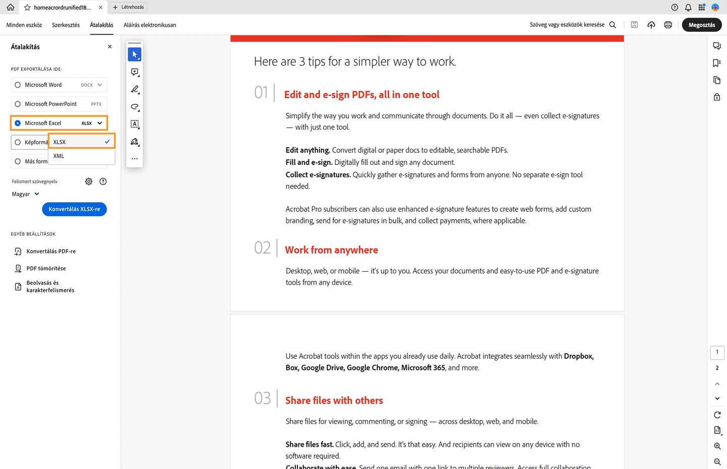 Megnyílik egy PDF, a bal oldalon pedig a konvertáló panel. A PDF-fájl Microsoft Excel (XLSX) formátumba való konvertálásának lehetősége ki van emelve. 