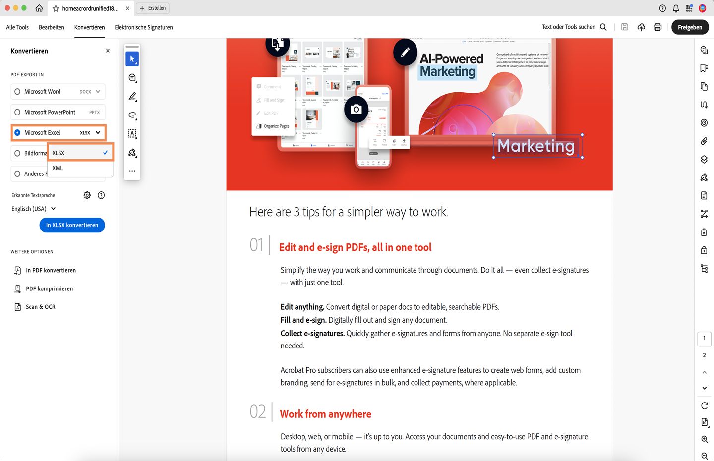 Die PDF-Datei wird geöffnet, und das Bedienfeld „Konvertieren“ wird auf der linken Seite geöffnet. Die Option zum Konvertieren von PDF in Microsoft Excel (XLSX) ist hervorgehoben. 