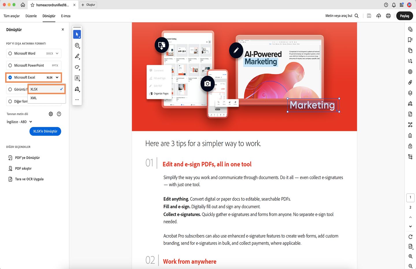 PDF açılır ve solda dönüştür paneli belirir. PDF'yi Microsoft Excel'e (XLSX) dönüştürme seçeneği vurgulanır. 