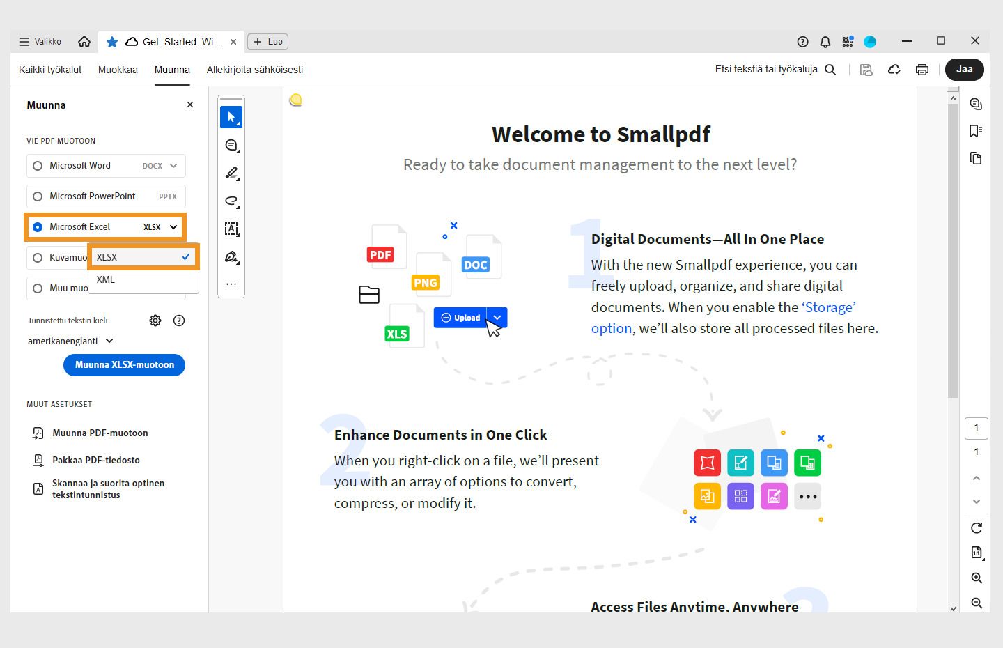 PDF-tiedosto avautuu, ja muunna-paneeli aukeaa vasemmalle. Mahdollisuus muuntaa PDF-tiedosto Microsoft Excel (XLSX) -tiedostoksi on korostettuna. 