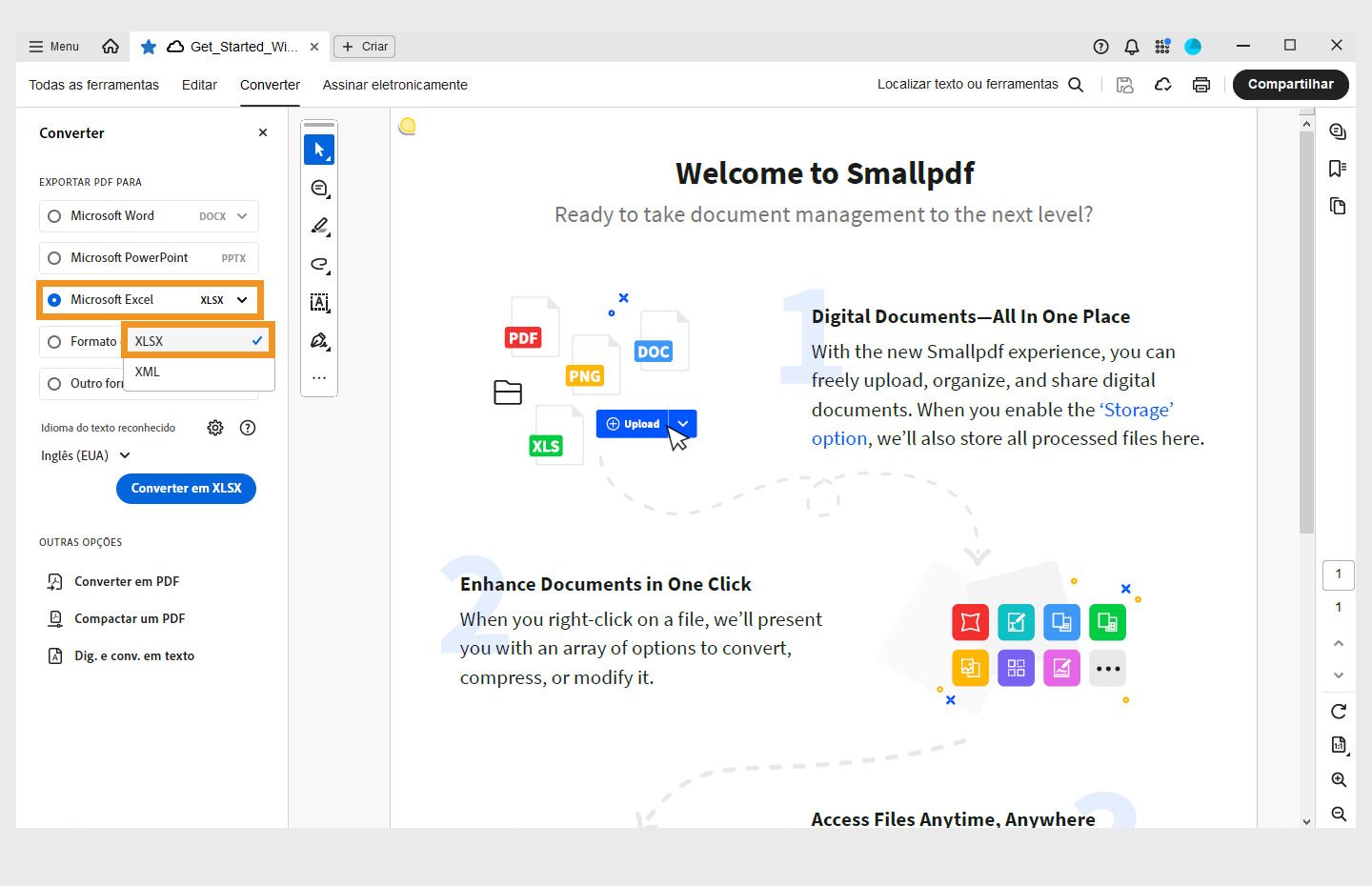 Um PDF aberto com o painel Converter aberto à esquerda. A opção de converter PDF em Microsoft Excel (XLSX) realçada. 
