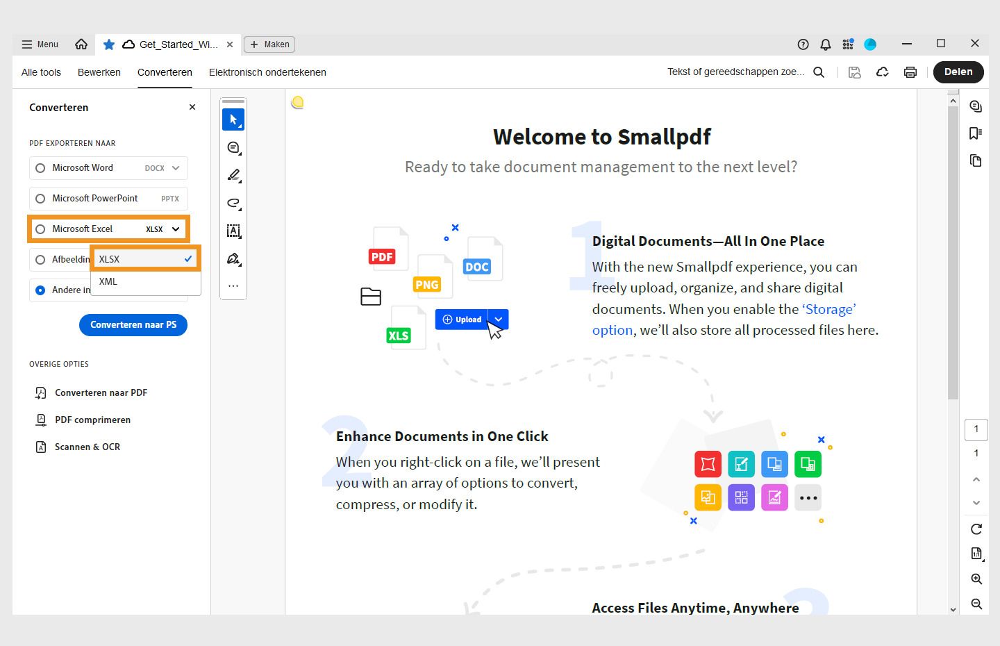 En PDF åpnes og konverteringspanelet er åpent til venstre. Alternativet for å konvertere PDF til Microsoft Excel (XLSX) utheves. 