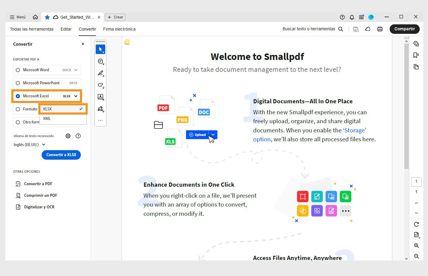 Se abre un PDF y el panel de conversión se abre a la izquierda. Se resalta la opción de convertir PDF a Microsoft Excel (XLSX). 