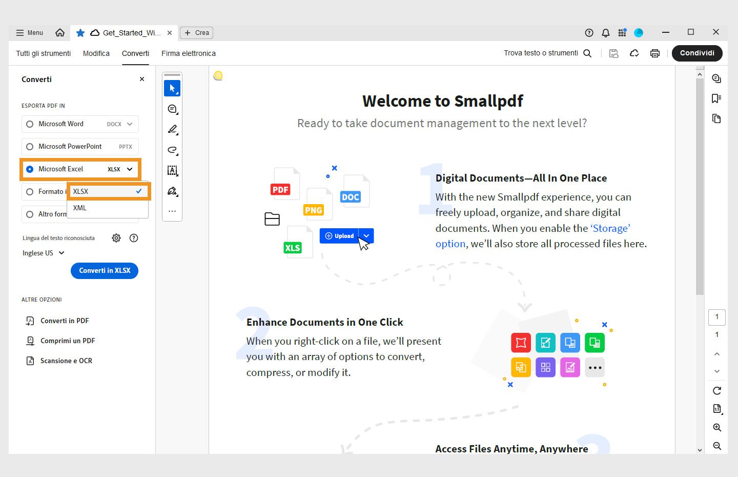 Un PDF è aperto con il pannello di conversione si aperto a sinistra. L’opzione per convertire un PDF in Microsoft Excel (XLSX) è evidenziata. 