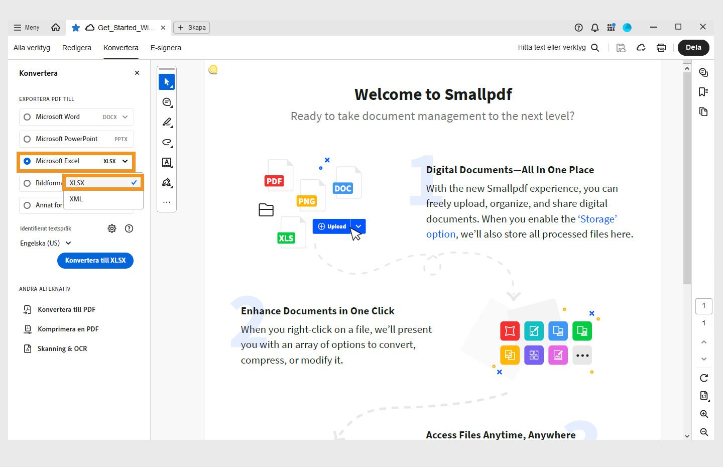 En PDF-fil öppnas och konverteringspanelen öppnas till vänster. Alternativet att konvertera PDF till Microsoft Excel (XLSX) är markerat. 