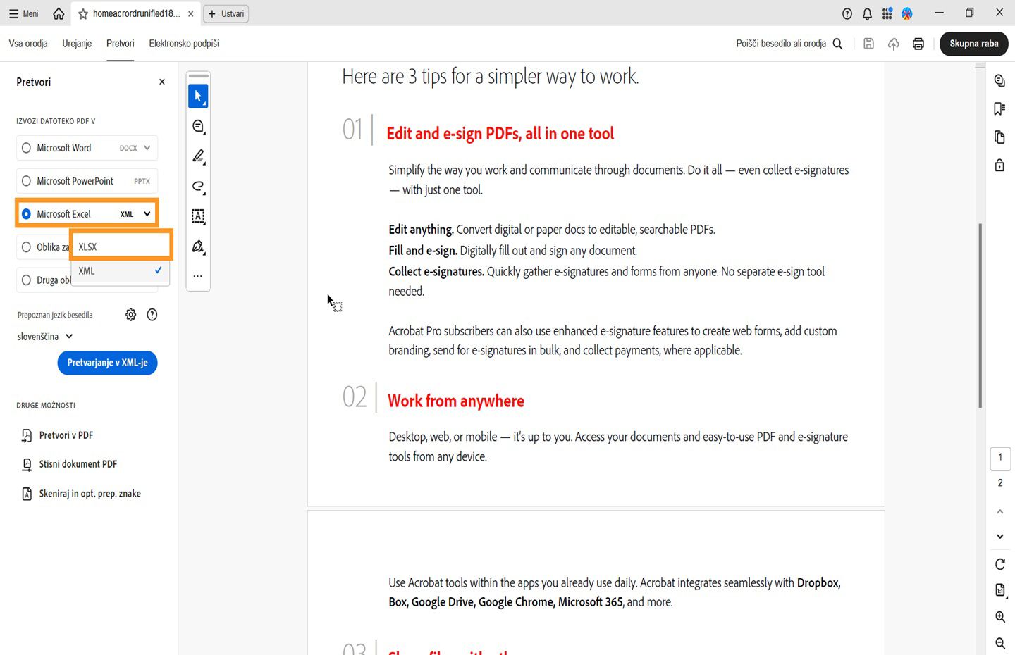 Odpre se dokument PDF in na levi strani se odpre podokno za pretvarjanje. Označena je možnost za pretvarjanje PDF-ja v Microsoft Excel (XML). 