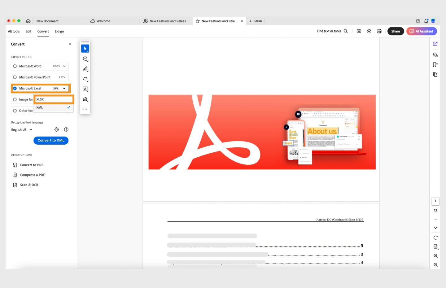 يفتح ملف PDF وتظهر لوحة التحويل على اليسار. ويتم تمييز خيار تحويل ملف PDF إلى تنسيق Microsoft Excel ‏(XML). 