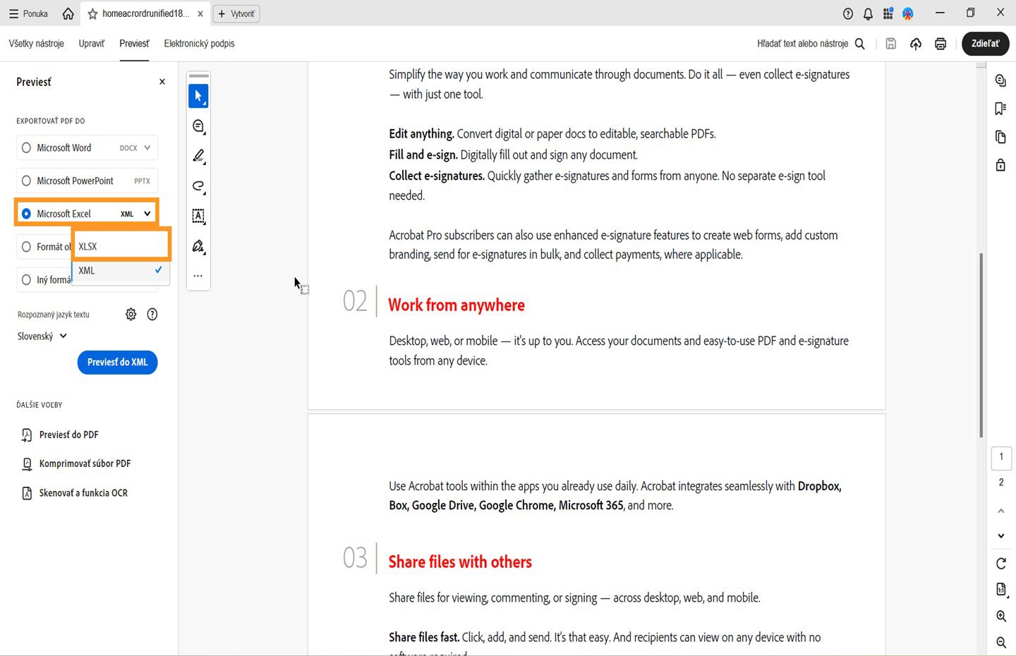 Otvorí sa súbor PDF a vľavo sa otvorí panel prevodu. Zvýrazní sa možnosť prevodu súboru PDF do formátu Microsoft Excel (XML). 