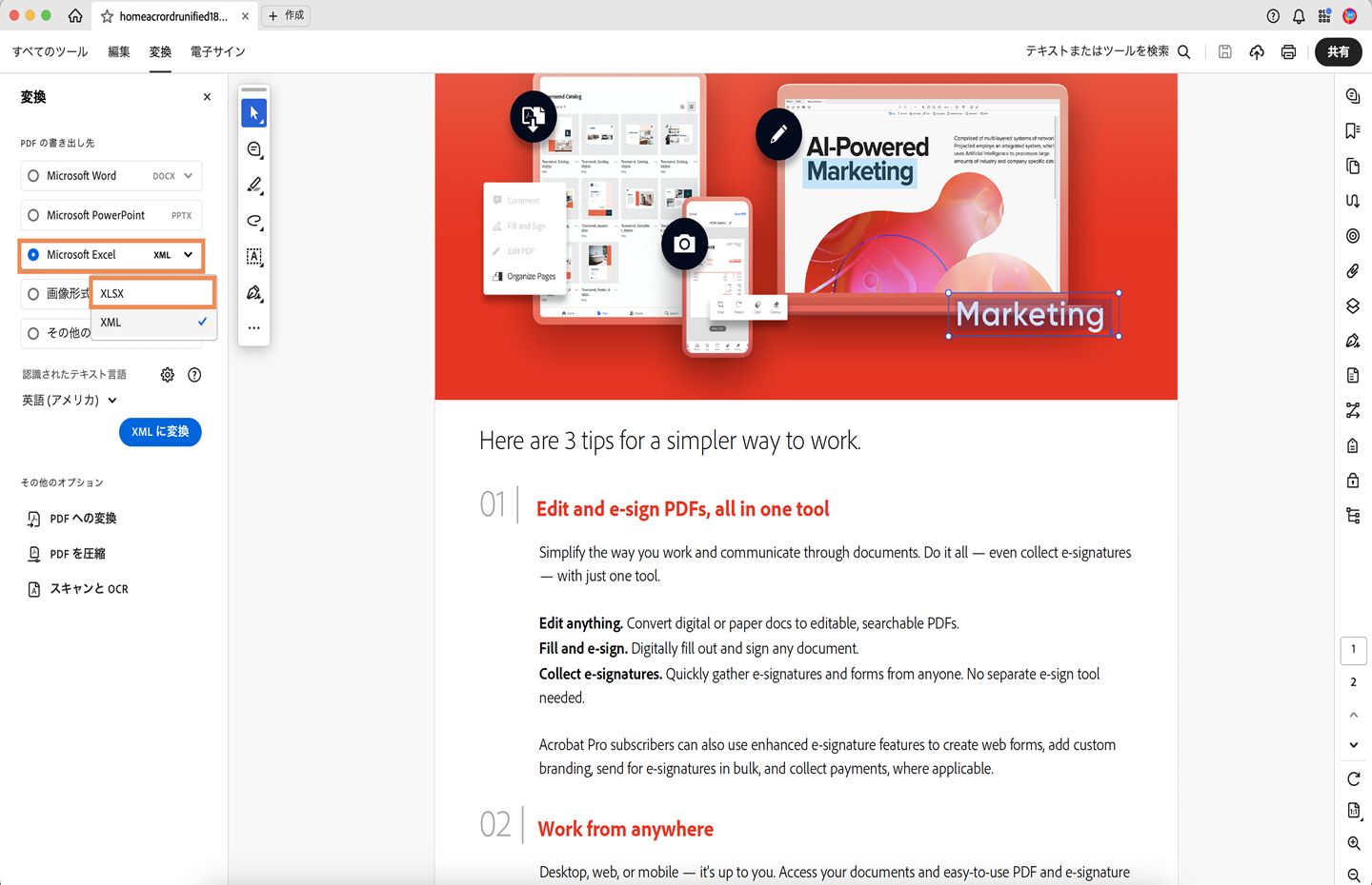 PDF が開かれ、左側に変換パネルが開いています。PDF を Microsoft Excel（XML）に変換するオプションがハイライト表示されています。 