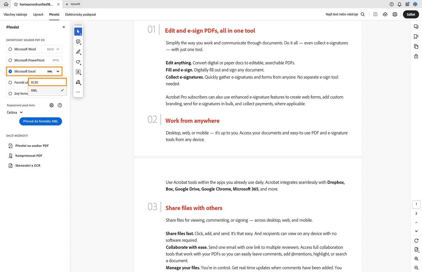 Otevře se soubor PDF a vlevo se otevře panel Převod. Možnost převést PDF do formátu Microsoft Excel (XML) je zvýrazněna. 