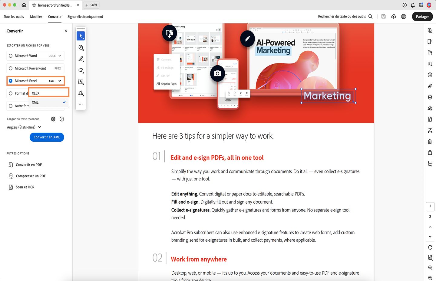 Un PDF s’ouvre et le panneau de conversion s’ouvre sur la gauche. L’option de conversion de fichiers PDF au format Microsoft Excel (XML) est sélectionnée. 