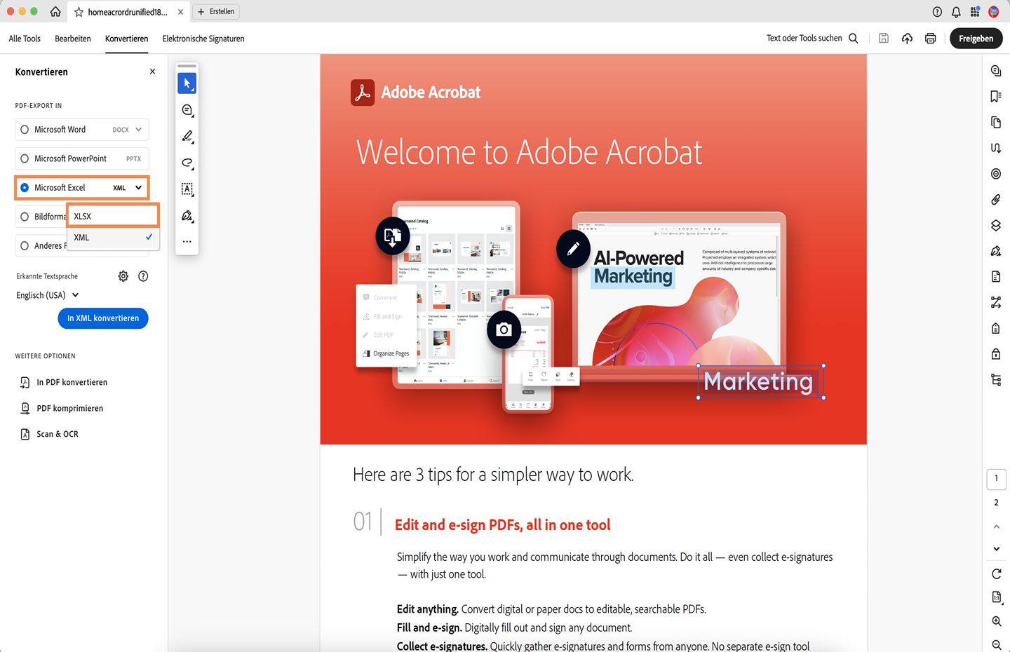 Die PDF-Datei wird geöffnet, und das Bedienfeld „Konvertieren“ wird auf der linken Seite geöffnet. Die Option zum Konvertieren von PDF in Microsoft Excel (XML) ist hervorgehoben. 