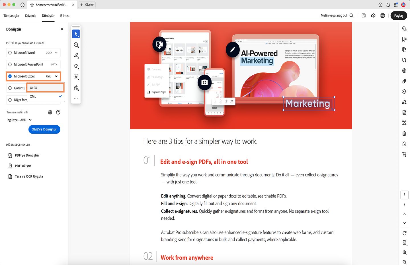 PDF açılır ve solda dönüştür paneli belirir. PDF'yi Microsoft Excel'e (XML) dönüştürme seçeneği vurgulanır. 