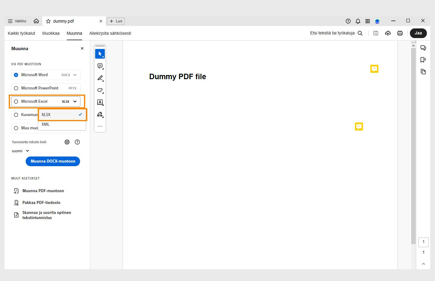 PDF-tiedosto avautuu, ja muunna-paneeli aukeaa vasemmalle. Mahdollisuus muuntaa PDF Microsoft Excel (XML) -tiedostoksi on korostettu. 