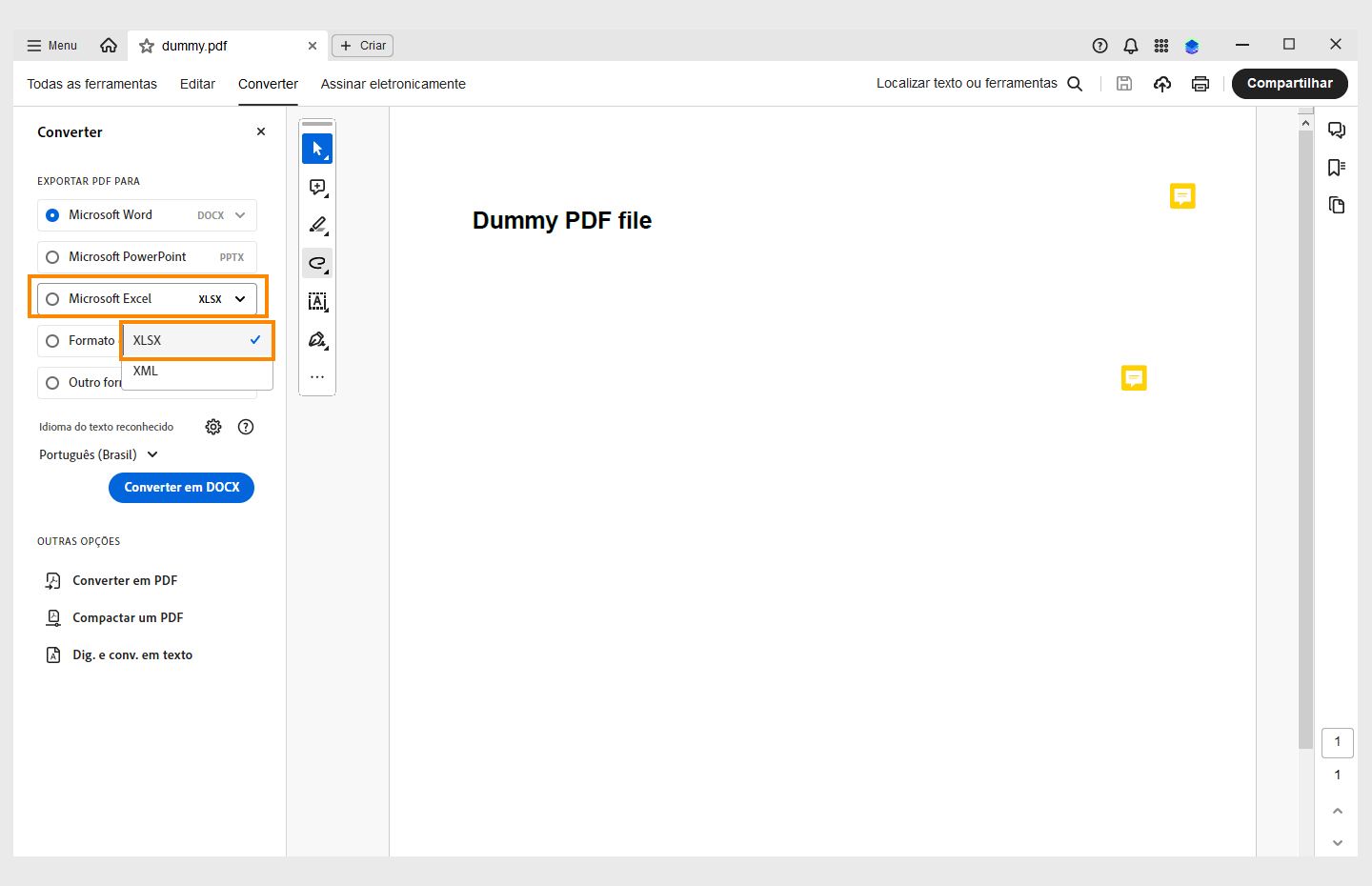 Um PDF aberto com o painel Converter aberto à esquerda. A opção de converter PDF em Microsoft Excel (XML) realçada. 