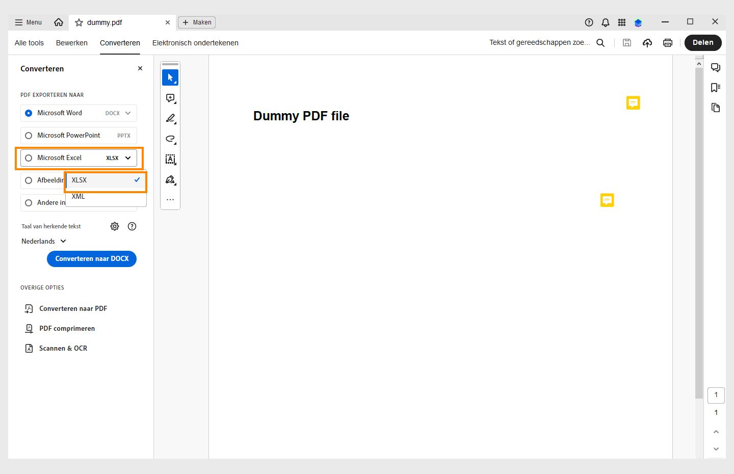 En PDF åpnes og konverteringspanelet er åpent til venstre. Alternativet for å konvertere PDF til Microsoft Excel (XML) er uthevet. 