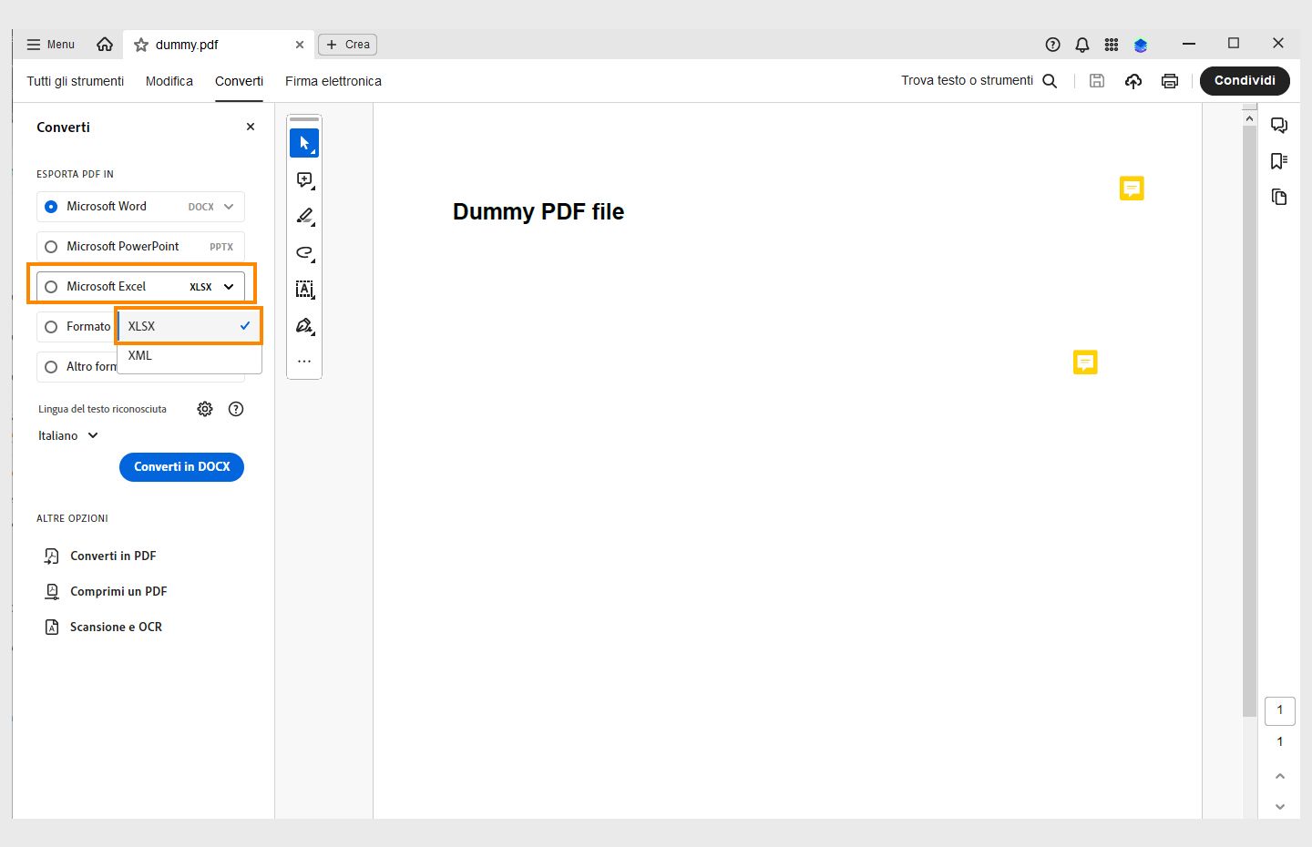 Un PDF è aperto con il pannello di conversione si aperto a sinistra. Opzione per convertire un PDF in Microsoft Excel (XML) è evidenziata. 