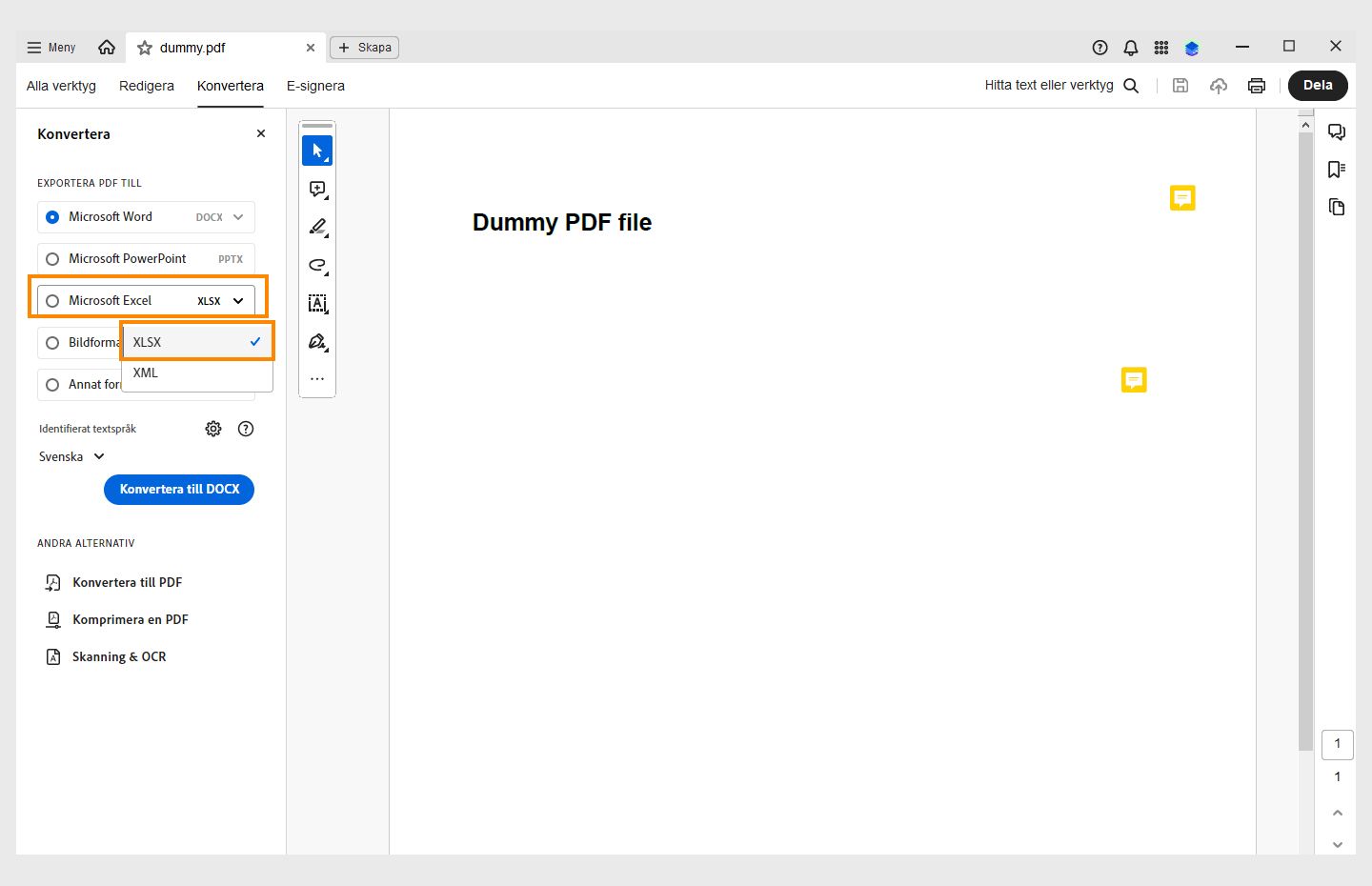 En PDF-fil öppnas och konverteringspanelen öppnas till vänster. Alternativet att konvertera PDF till Microsoft Excel (XML) är markerat. 