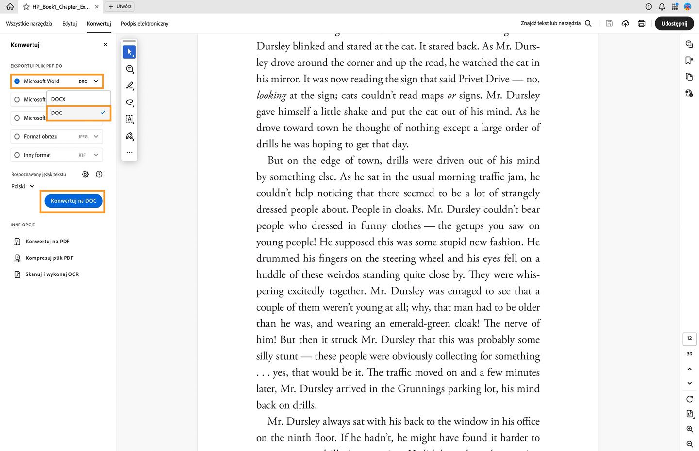 Otwarty w programie Acrobat plik PDF z pokazanym obiegiem pracy konwersji pliku PDF na format DOC. 