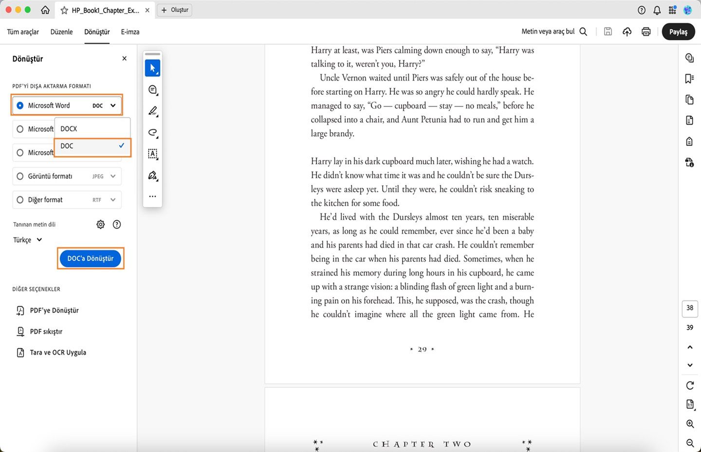 Acrobat'ta bir PDF açılır ve PDF'yi DOC'ye Dönüştür iş akışı gösterilir. 