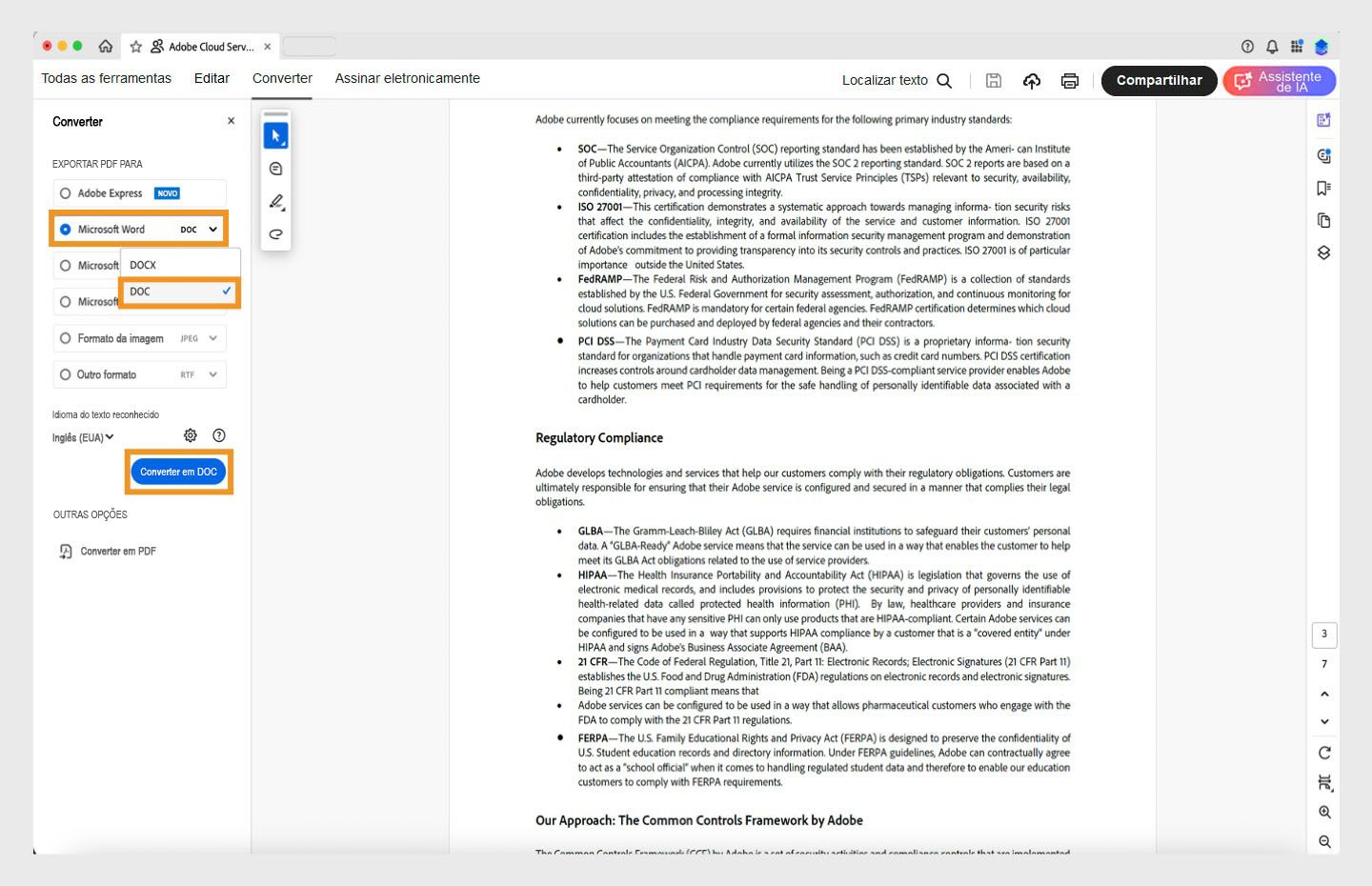 Um PDF aberto no Acrobat e a exibição do fluxo de trabalho Converter PDF em DOC. 