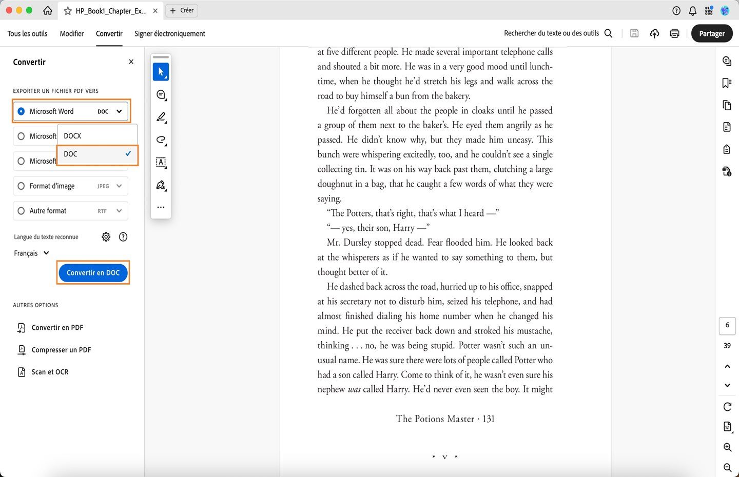 Fichier PDF ouvert dans Acrobat avec le workflow Convertir PDF en DOC affiché. 