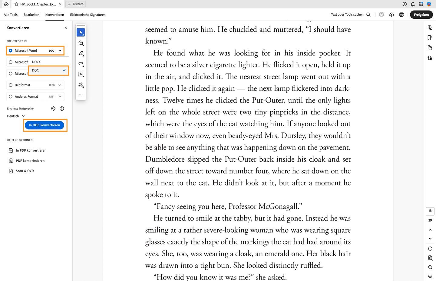 Eine PDF-Datei wird in Acrobat geöffnet und der Workflow „PDF-Datei in DOC konvertieren“ wird angezeigt. 