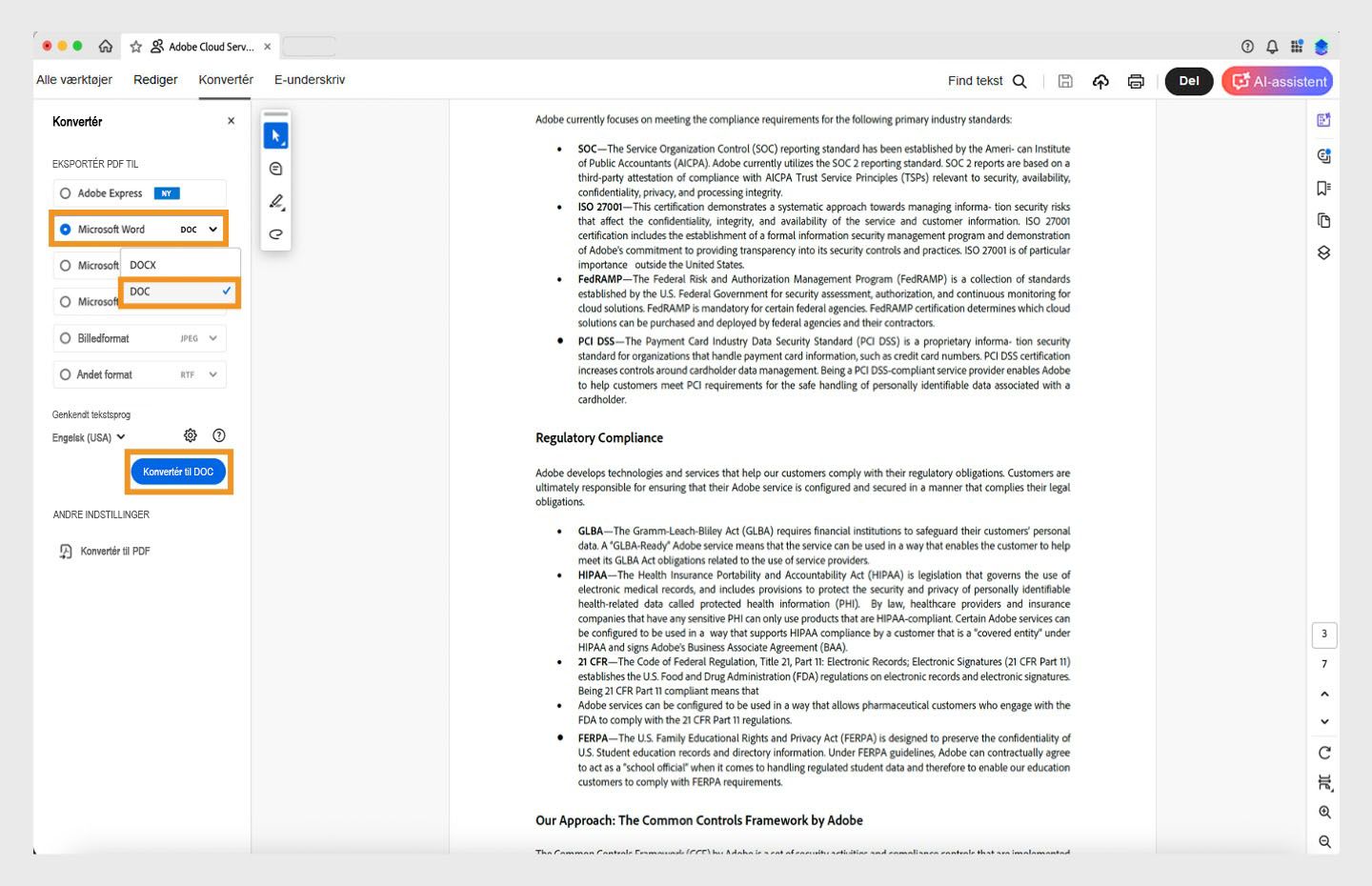 Der åbnes en PDF i Acrobat, og arbejdsforløbet Konvertér PDF til DOC vises. 