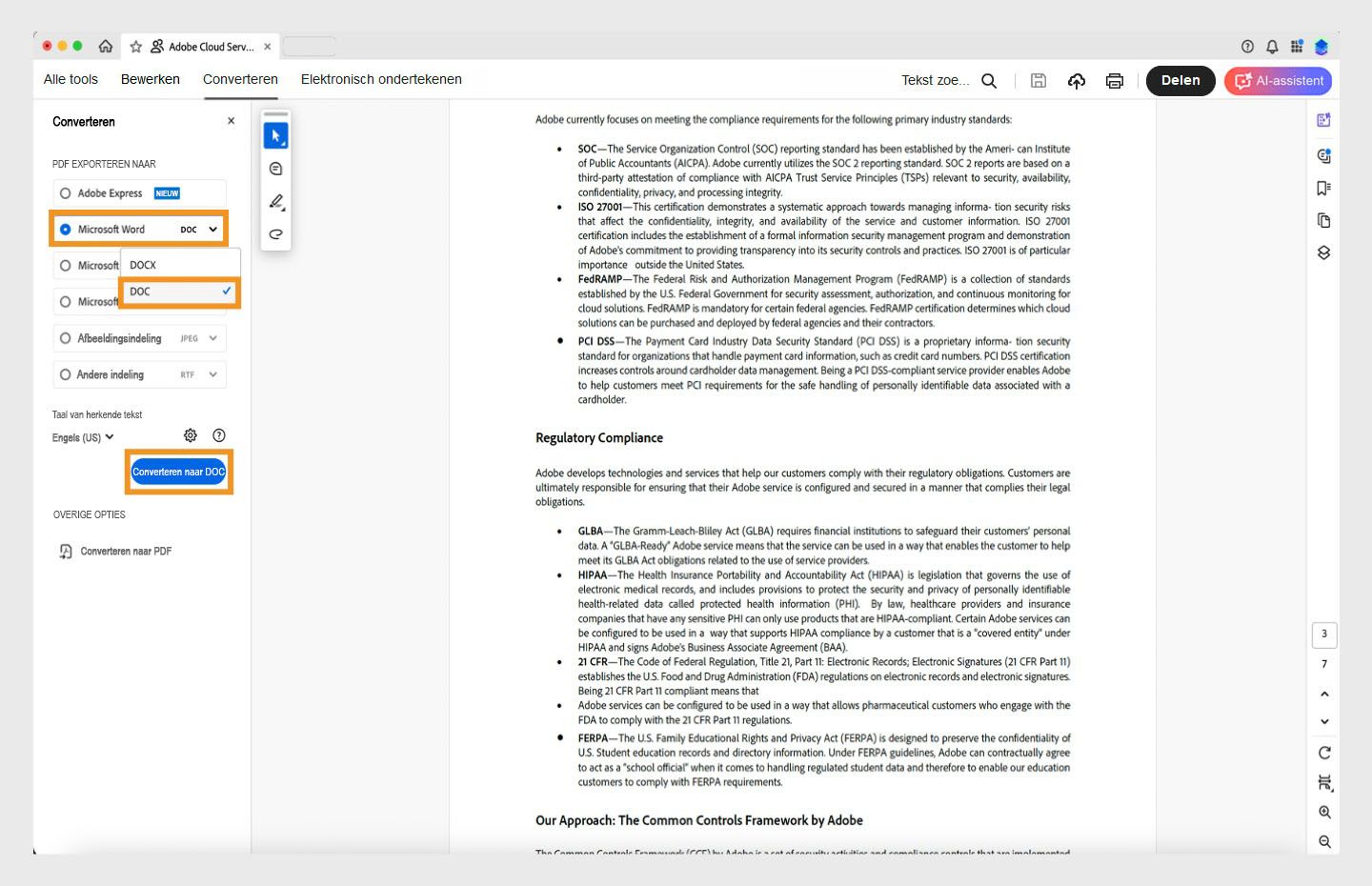 Er wordt een PDF geopend in Acrobat en de workflow PDF converteren naar DOC wordt weergegeven. 