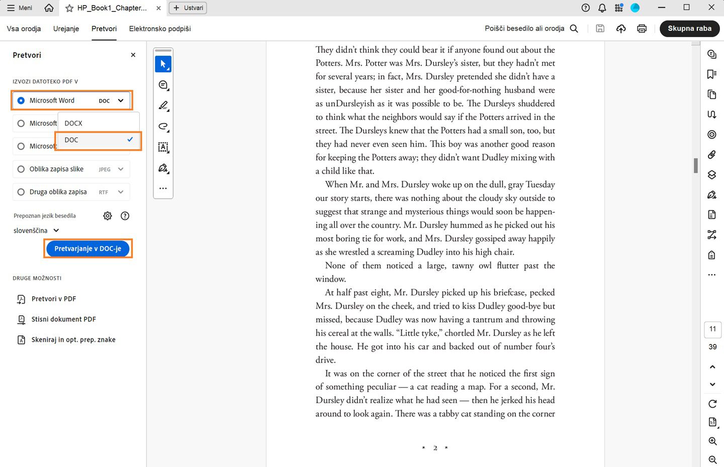 PDF se odpre v programu Acrobat in prikaže se potek dela Pretvorba dokumenta PDF v dokument DOC. 
