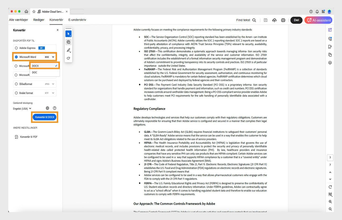 Der åbnes en PDF i Acrobat, og arbejdsforløbet Konvertér PDF til DOCX vises. 