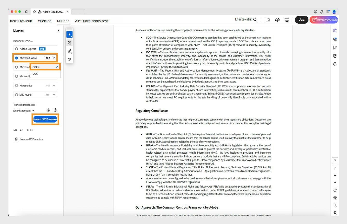 PDF-tiedosto avautuu Acrobatissa ja näkyviin tulee työnkulku PDF-tiedoston muuntamiseksi DOCX-muotoon. 