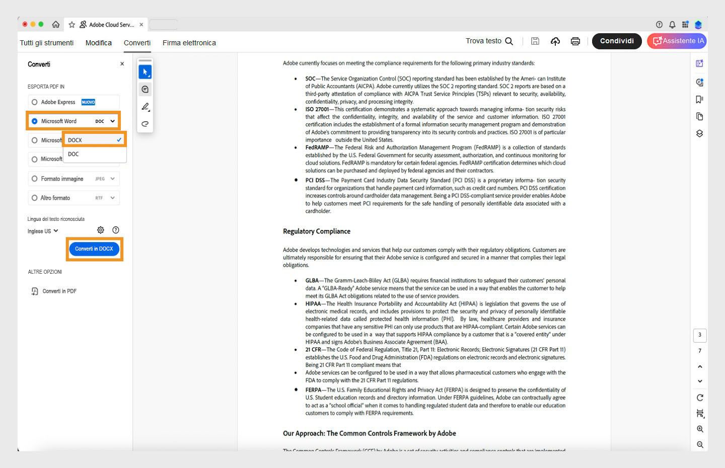 Un PDF aperto in Acrobat con il flusso di lavoro Converti PDF in DOCX visualizzato. 