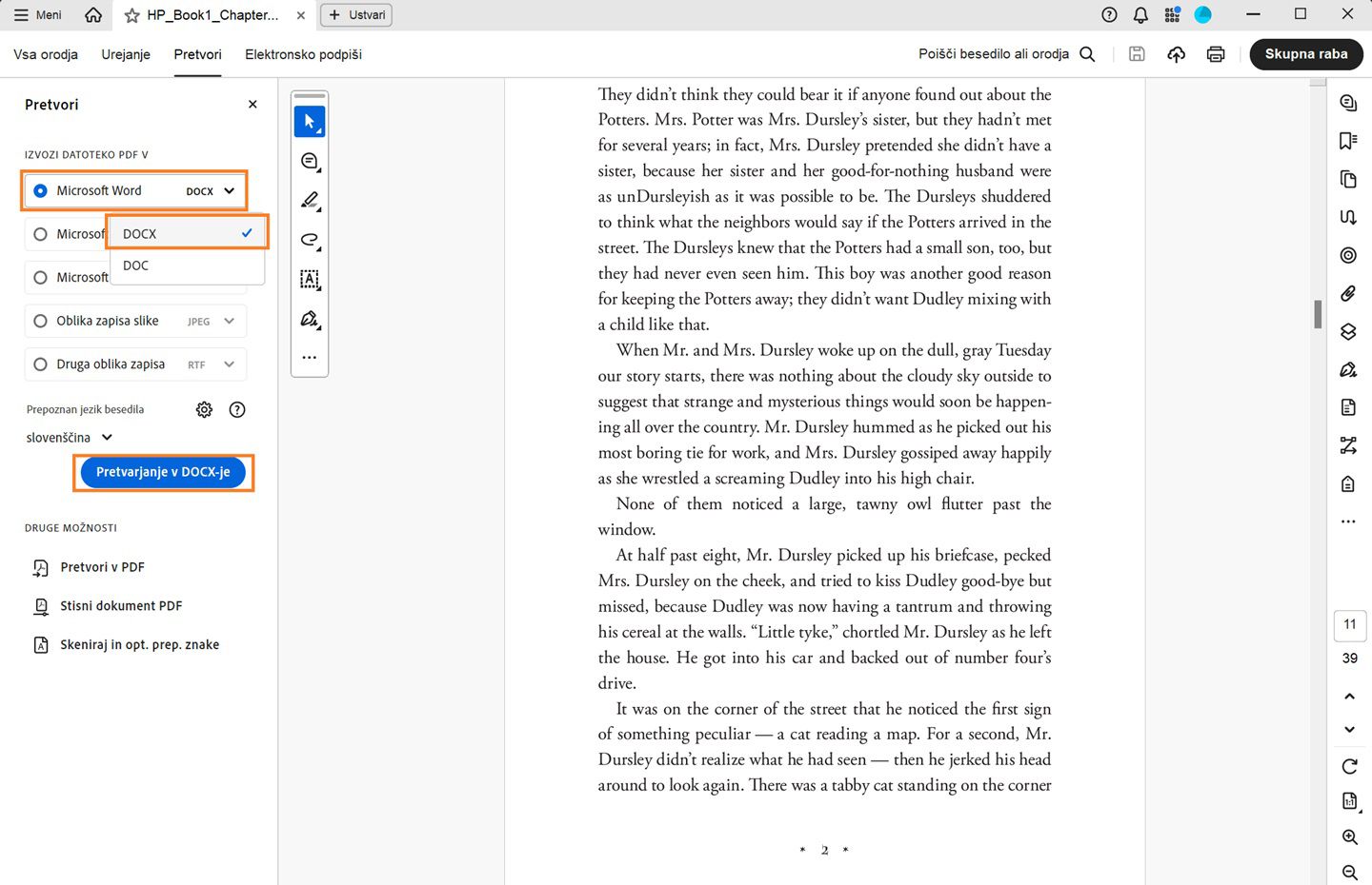 PDF se odpre v programu Acrobat in prikaže se potek dela Ppretvorba dokumenta PDF v dokument DOCX. 