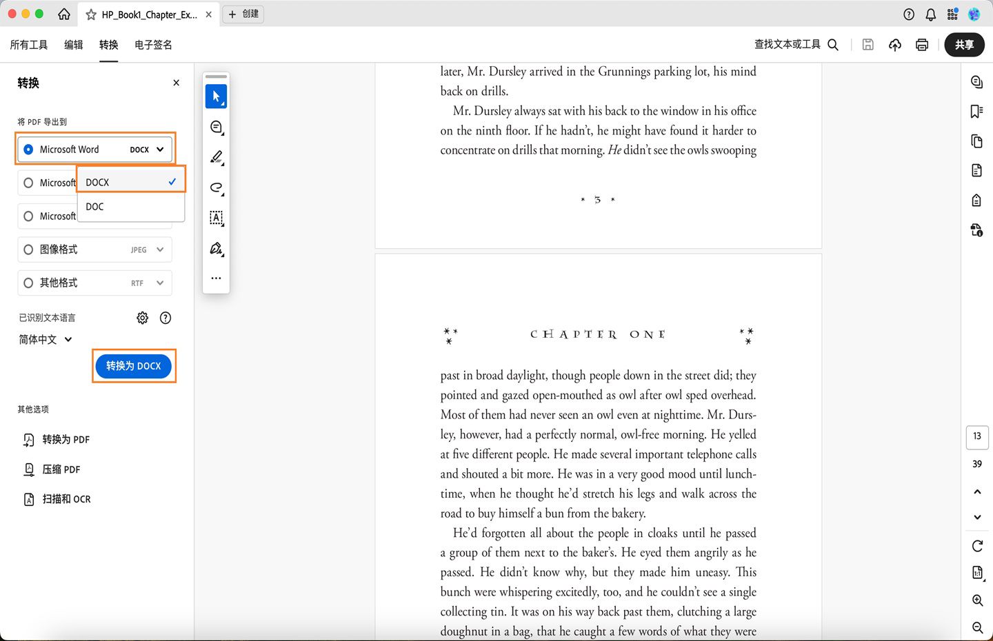 Acrobat 中已打开 PDF，并显示将 PDF 转换为 DOCX 的工作流程。 
