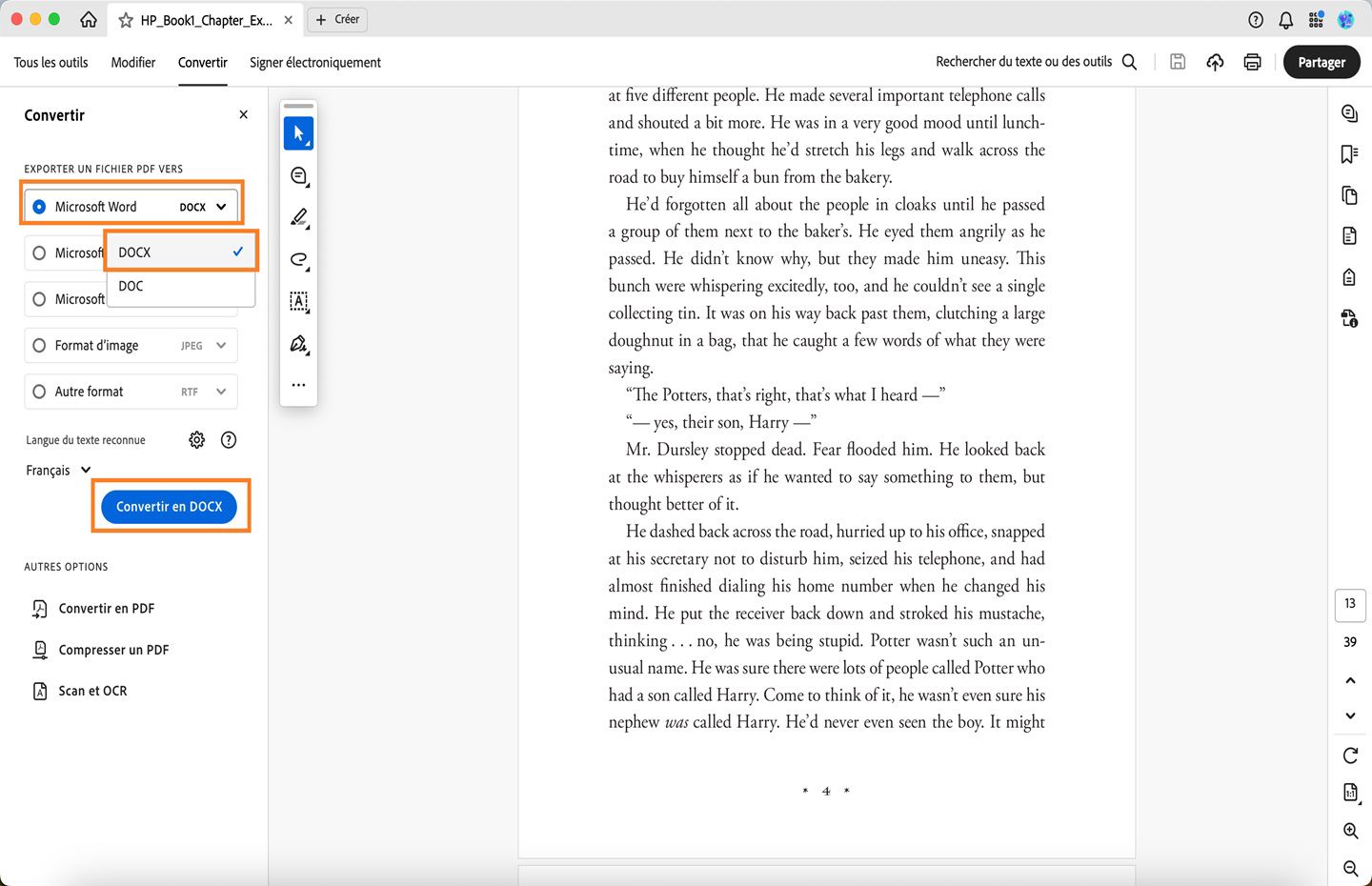 Fichier PDF ouvert dans Acrobat avec le workflow Convertir PDF en DOCX affiché. 