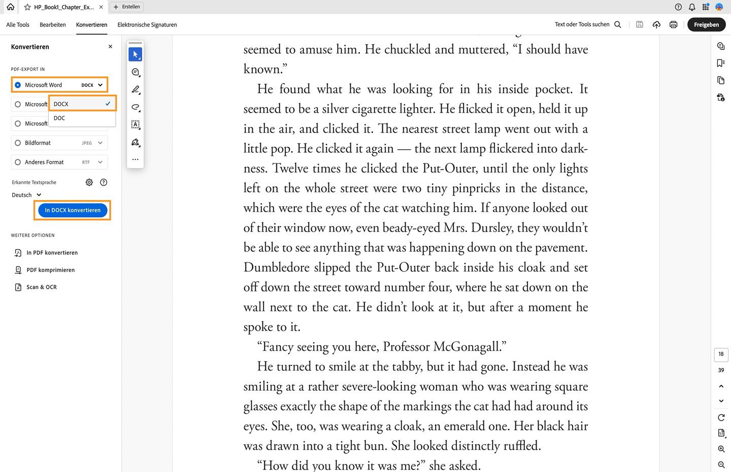 Eine PDF-Datei wird in Acrobat geöffnet und der Workflow „PDF-Datei in DOCX konvertieren“ wird angezeigt. 