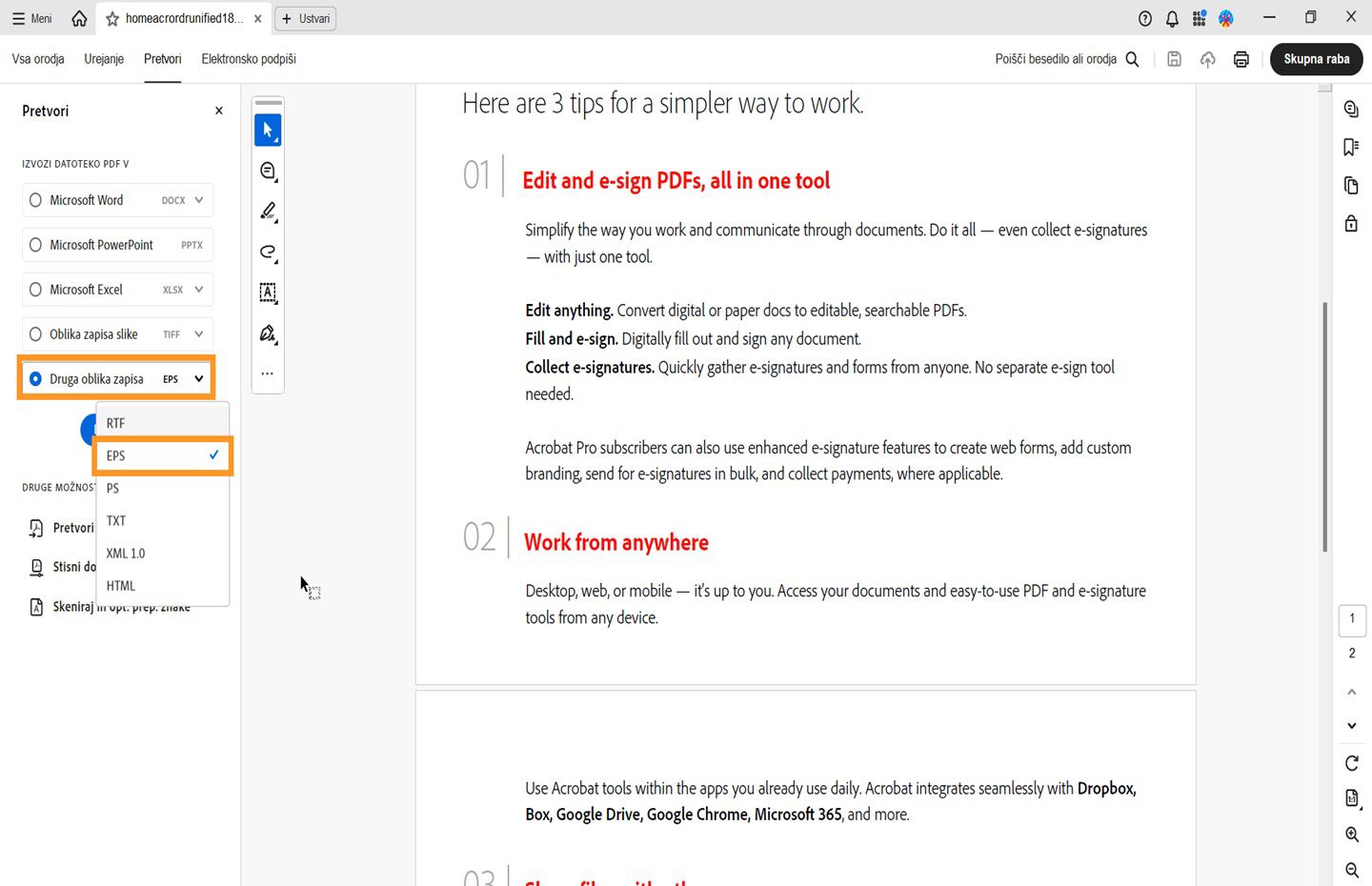 PDF se odpre v programu Acrobat. Meni Pretvarjanje je odprt v levem podoknu in označena je možnost za pretvarjanje v EPS. 