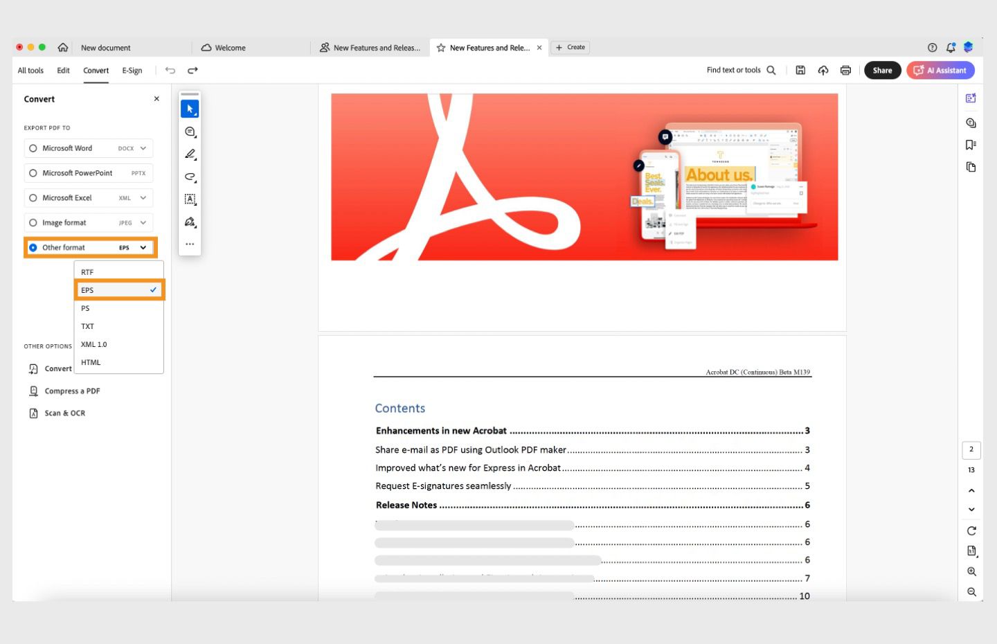 يفتح ملف PDF في Acrobat. تظهر قائمة &quot;تحويل&quot; في الجزء على اليسار ويتم تمييز خيار التحويل إلى تنسيق EPS. 