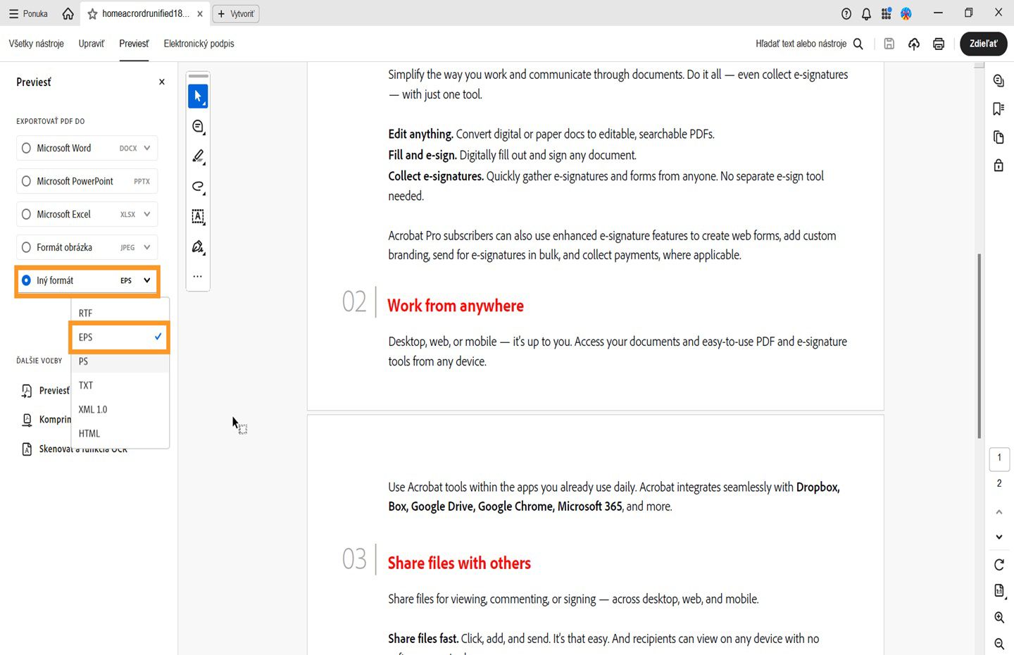 Súbor PDF sa otvorí v programe Acrobat. Na ľavej table sa otvorí ponuka prevodu a zvýrazní sa možnosť prevodu do EPS. 